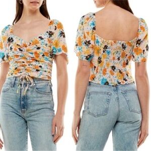 Wayf Woman Pink Floral Chiffon Ruched Flutter Sleeve Crop Top Boho Y2K Fairy 90s